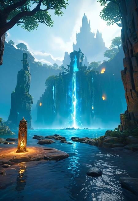 <lora:06NatureArt_Hap_XL:3.9>, Albert Bierstadt style,  magical portal, mysterious, floating islands, glowing runes, arcane energy, etherial, misty atmosphere, blue color palette, energy chain, magic torches, mage character, cloak, fantasy armor, staff, wide-angle view, otherworldly landscape, intricate machinery, floating debris, ethereal tree, rock formations, atmospheric perspective, distant castle structures, soft shadows, directional light, cool tones, high contrast, expansive environment, panoramic composition, depth of field, adventure theme, ancient technology, surreal, serene, game world exploration, unknown realm, enchanted, tranquil, otherworldly ambiance, mystical, alien architecture, levitation, isolation, solitude, grand scale, epic, artistic rendering, enchanted glow, masterpiece, very aesthetic, newest, cartoon style,