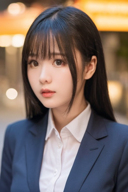 1girl,(wearing a business suit),(RAW photo, best quality), (realistic, photo-realistic:1.4), masterpiece, an extremely delicate and beautiful, extremely detailed, 2k wallpaper, Amazing, finely detail, extremely detailed CG unity 8k wallpaper, ultra-detailed, highres, soft light, beautiful detailed girl, extremely detailed eyes and face, beautiful detailed nose, beautiful detailed eyes,cinematic lighting,city lights at night,in tokyo downtown,perfect anatomy,soft light