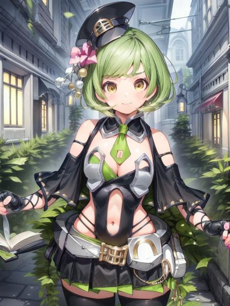 Aragonese,green hair, short hair, hat ,black dress, miniskirt, thighhighs,boots, 