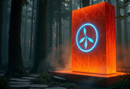 “A cinematic, high-tech vision of the Algiz rune in an Italian-inspired forest scene, captured with a Sony prime lens for intense clarity and depth. The metallic, neon-blue Algiz symbol stands alongside a striking orange marble monolith—its surface smooth, polished, and glowing warmly under soft, diffused lights. The monolith reflects the rune’s LED lines, casting vibrant orange and blue highlights across the misty forest floor and surrounding cypress trees, reminiscent of Italian garden design. Each groove in the marble catches and amplifies the surrounding lights, creating intricate patterns that shift with the mist. Warm lighting from below accentuates the marbled texture, blending with advanced holographic panels floating nearby, which project glowing, ancient symbols in a delicate balance of history and innovation. The interplay of colors and lights enhances an immersive atmosphere, merging the elegance of Italian aesthetics with a futuristic edge.”