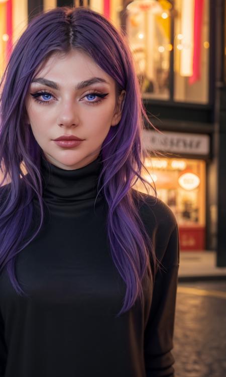 justAMinx2024, 1girl, best quality, masterpiece, 5 fingers, depth of field, raw photo, photorealistic, turtleneck, walking, depth of field, long purple hair, looking at viewer, skin pores, closeup, focus on eyes, night, Dublin, mascara,