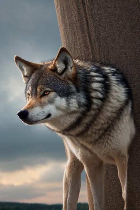 long shot scenic professional photograph of a wolf. A light pastel background with gentle curves enhances the scene. A detailed 3D rendering capturing warm lighting, soft shadows, and fuzzy texture, perfect viewpoint, highly detailed, wide-angle lens, hyper realistic, with dramatic sky, polarizing filter, natural lighting, vivid colors, everything in sharp focus, HDR, UHD, 64K