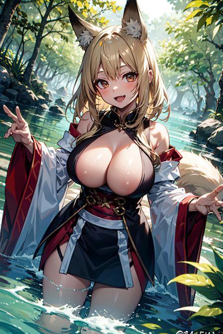 detailed background, 1girl, solo, blonde hair, brown eyes, fox ears, fox girl, hanfu, silk, long sleeves, open mouth, smile, fang, looking at viewer, (reaching:1.3), (milf:1.2), (mature female:1.2), (aged up:1.2), (large breasts:1.3),
BREAK,
lush mangrove forest, tangled roots, brackish water, diverse wildlife, dappled sunlight, gentle lapping waves, mysterious shadows