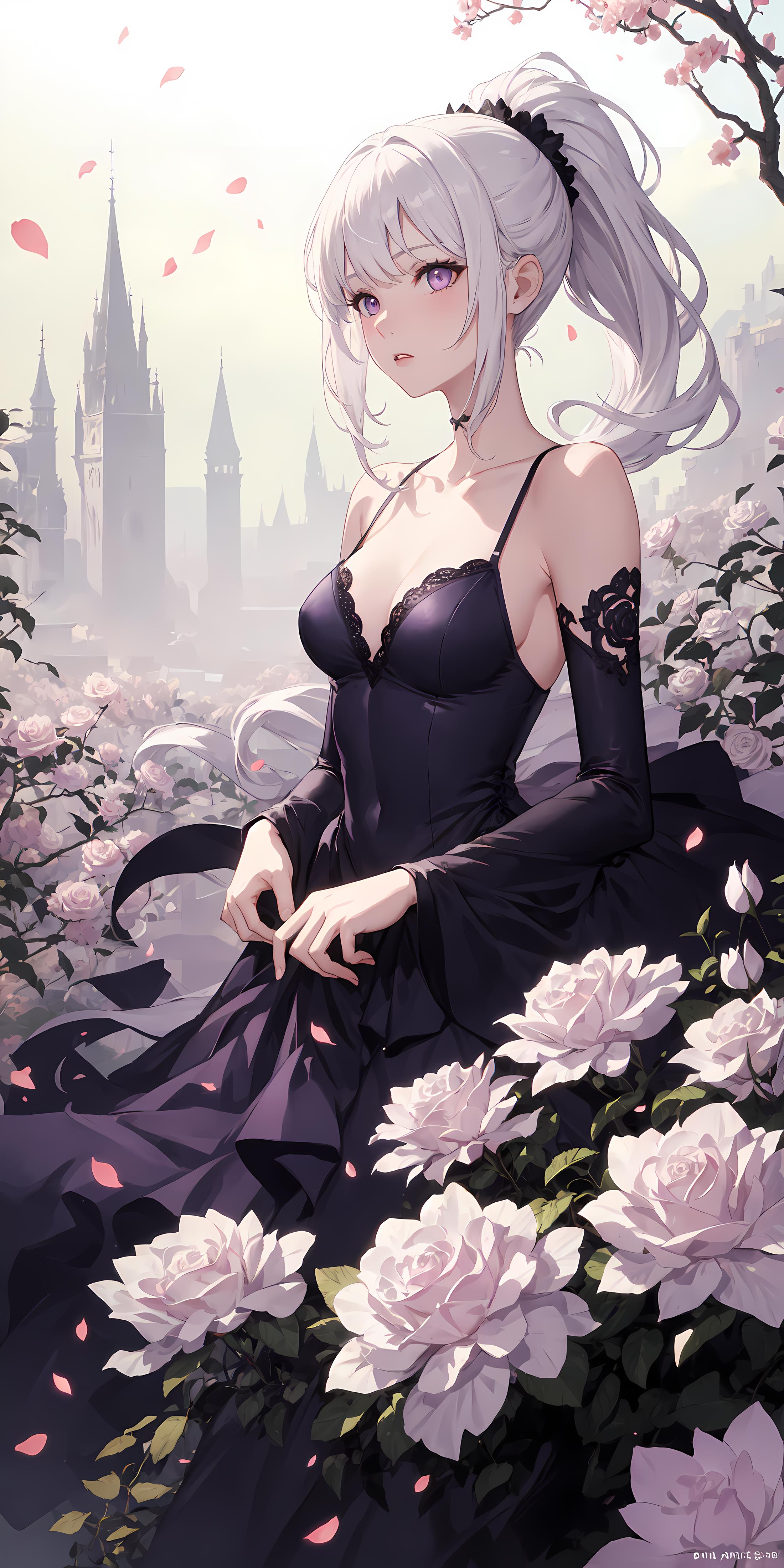 A beautiful woman in a black dress stands among pink flowers.