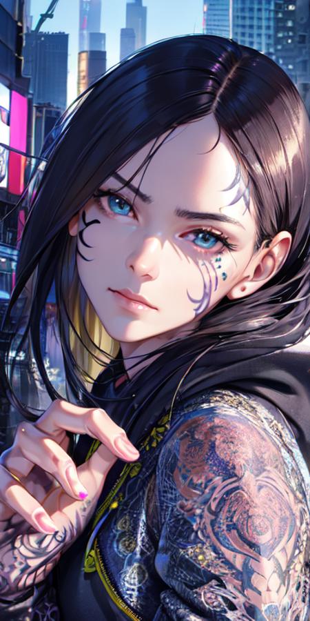 (photorealistic:1.3), masterpiece, best quality, (intricate details:1.2), (scenery:1.3), solo, face focus, (close up), ultra high res, right anatomy, detailed skin, beautiful face, 
1 girl, girl in patterned hoodie, detailed anime eyes, (look at veiwer:1.2), face tattoo, 
rainy city street, cyberpunk, 
(ink splash), chaos, light flow, 
(HyperStylizeV6:0.2),