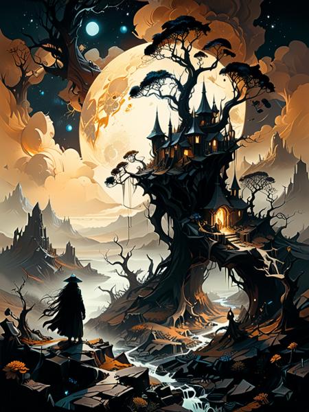by Brian Froud and Petros Afshar, photo-ealistic medium full shot of  an (otherworldly landscape:1.2), (exquisite , elegant , masterful:1.4), bold lines, ultra-detailed, award winning,  dark limited color palette, high contrast, depth of field, (intricate details, masterpiece, best quality:1.4), underlighting, dynamic pose, wide angle panoramic view, <lora:add-detail-xl:0.8> <lora:xl_more_art-full_v1:0.5> <lora:Desolation:.40> <lora:linquivera:.25> linquivera, liiv1