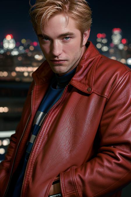 close up of a man with blonde hair, red leather jacket <lora:r0b3rtp4tt1ns0n:1>, looking to side, over the city at night, cinematic blue lighting, 8K, RAW, HD, stunning masterpiece, menacing smile