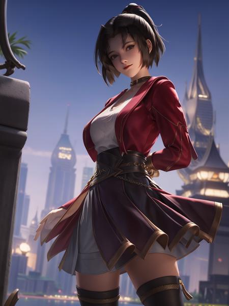 1girl, short hair, standing, cityscape, night, lake,looking at viewer, mature female, arms behind back, ponytail, hair ornament,belt,skirt,boots,  <lora:yunying_20230706143836-000020:0.8>,jacket,