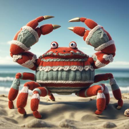 (A giant crab wearing a sweater), crowds, seaside, ChristmasSweater, beach, sunny day, photo realistic, 8K, best quality, high quality, extreme details