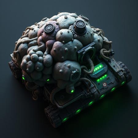 ((top view)), (tank),
Asymmetrical organic tank with massive growth bulges on one side and a withered shape on the other.
Chassis: Tumor-like armor patterns with tendrils and armored cysts. Surface ripples gently like breathing tissue.
Tracks: Thick, uneven track system with root-like armor entwining gear shafts.
Details: Regenerates armor chunks visibly. DNA-splicer node juts out near rear, framed in armor plates.
Lights: Sickly green and purple bio-glow from within bulges. Glows brighter when sustaining damage.