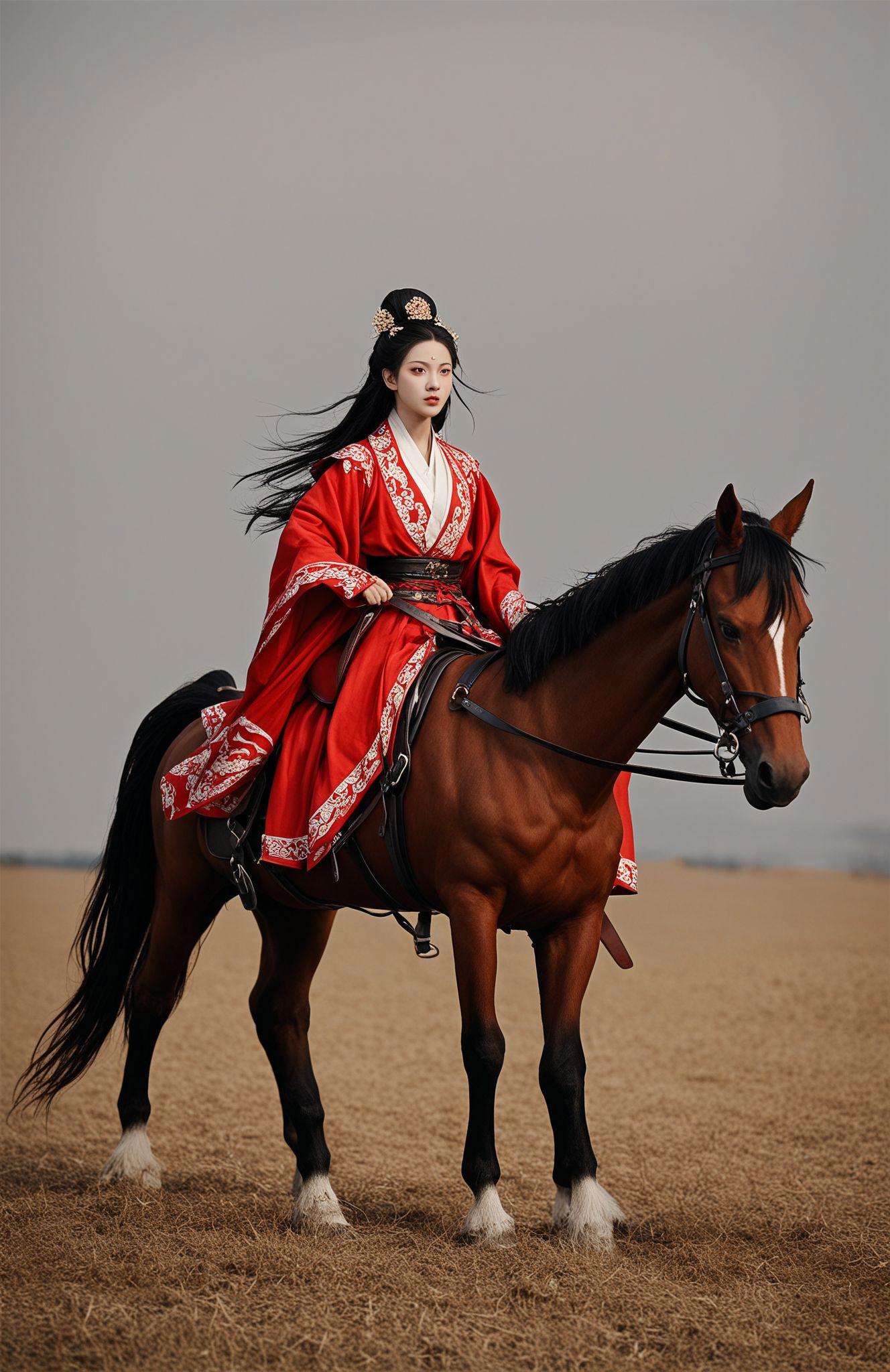 score_9,score_8_up,score_7_up,score_6_up,score_5_up,
Hanfu, the traditional Chinese attire, is vividly depicted in this image. The rider, clad in a striking red hanfu with intricate patterns, is astride a galloping horse. The horse's mane and tail flow with its swift movement, and it is adorned with traditional accoutrements, suggesting a cultural or historical reenactment. The rider's poised stance and the horse's muscular physique convey a sense of grace and power.