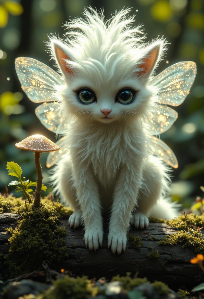 A fluffy, white creature with large, expressive eyes sits on a mossy log in a sun-dappled forest. It has delicate, translucent wings adorned with tiny, shimmering particles. A small mushroom grows beside the log, and the creature seems to be gazing at it with curiosity. The overall atmosphere is peaceful and magical, aidmaMJ6.1, HKMagic, <lora:aidmaMJ6.1v0.4:0.5>, <lora:FantasyWizardWitchesFluxV2-000001:0.8>, <lora:aidmaFluxPro1.1Stylev0.2:0.6>