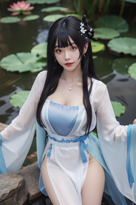 type 95 sbzql, hanfu, chinese clothes, sash, bandeau, dress, see-through,long sleeves, earrings, jewelry, anklet, bracelet,dudou,tube dress,camisole under clothes, long hair, hair ornament, bangs,