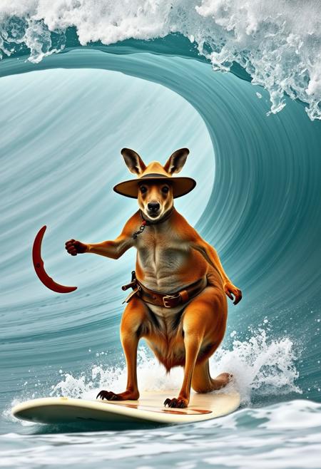 epic hero photograph, a magnificent kangaroo wearing a bush hat and a belt, bush knife at the belt, holding a boomerang, surfing under a big curved wave on the Australian coast