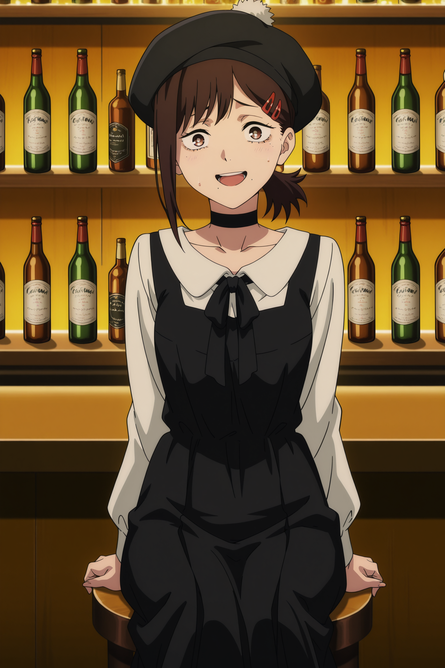 A woman with brown eyes and brown hair sitting at a bar counter, with a nervous smile. She is wearing a black beret with a white pom-pom, a white, long sleeved blouse, a choker, and a black dress. The blouse has a large bow tied at the collar, and she has a small, red hair clip on the hair. The bar counter behind her is well-lit, showcasing numerous bottles of different shapes and colors.