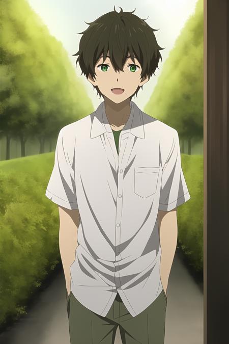 oreki houtarou, 1boy, male focus, solo, brown hair, green eyes, looking at viewer, outdoors,  smile, tree, open mouth, leaf, bush