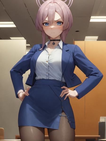 SLE, mksks style, detailed background absurdres, highres, solo, 1girl, mimori mizuha, gothic, punk, purple halo, short hair, light purple hair, (hair over one eye), one eye covered, deep blue eyes, choker, office lady, formal, blue jacket, blazer, open jacket, white shirt, dress shirt, collared shirt, buttons, blue skirt, pencil skirt, black pantyhose, looking at viewer, expressionless, annoyed, v-shaped eyebrows, hands on hips, cowboy shot, office, office desk, indoors