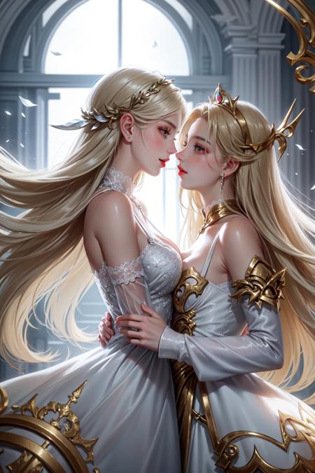 masterpiece,best quality,(best quality),((masterpiece)),(highres),original,extremely detailed 8K wallpaper,(an extremely delicate and beautiful),Blush,open mouth,smile,2girls,On the Chess board floor,Chess pieces,yuri,((detailed face)),beautiful detail eyes,hair fluttering in the wind,messy hair,lens flare,soft shadows,eal lighting,detailed lighting,garter straps and garter belt,(blond_hair and flat_breasts and long_hair and Princess Dress and young girl  ),(silver_hair and flat_breasts and High horsetail and long_hair and A female_ knight and Knight_ Dress and Little girl ),(floating glass fragments),((colorful refraction)),own hands together,on side,eye contact,caustic,Hdr,