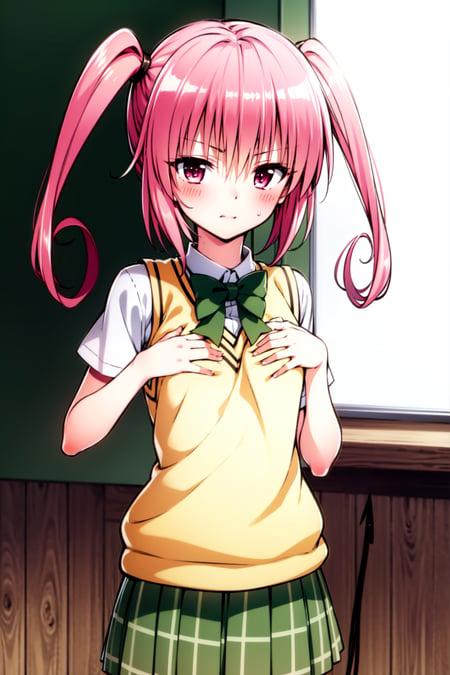 demon tail, tail, 1girl, sainan high school uniform, pink hair, nana asta deviluke, skirt, solo, bow, plaid, school uniform, green skirt, nana velia deviluke, plaid skirt, sweater vest, eyebrows visible through hair, hand on own chest, pink eyes, shirt, hair between eyes, twintails, bowtie, cowboy shot, short sleeves, blush, pleated skirt, looking at viewer, long hair, bangs, hands on own chest, breasts, small breasts, green bowtie