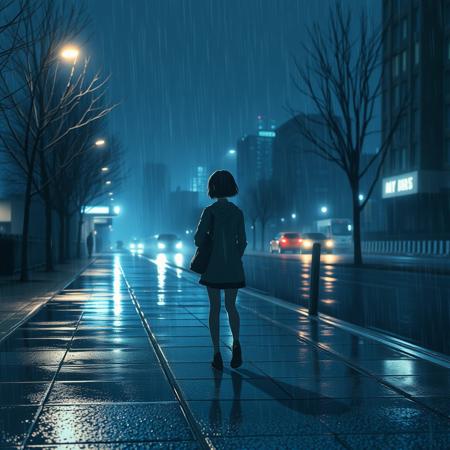 Moody night scene of a lonely figure standing in the rain, illuminated by soft street lights on a quiet city street. The setting is a glistening wet sidewalk reflecting the dim blue and white glow of city lights, surrounded by bare trees and sparse city buildings. The figure, a young girl with short hair and a light jacket, holds a bag, her silhouette softly blending into the rain-soaked atmosphere. Raindrops and faint fog add a melancholy and cinematic atmosphere, while the soft focus of distant buildings enhances the dreamlike, tranquil atmosphere. The color palette consists of deep blues, soft whites and subtle grays, creating a feeling of solitude and introspection. Bring out fine details, reflective surfaces, and emotional depth with a photorealistic and subtly anime-inspired art style.midjourneyv6.1