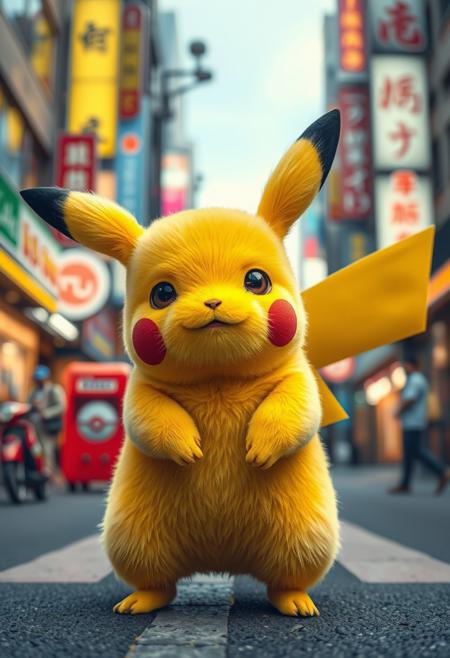 pokemon Pikachu at the real life, fur, hyper realism, ultra detailed, studio photography style, Neo-Tokio streets at the background