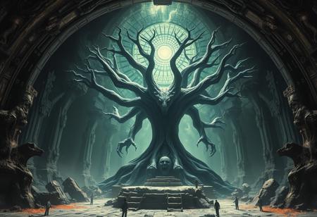 BEHOLD, A universe inside a universe within mysteriously unknowable known in an unfathomable realm of fantastic creation inhabited by ancient shadows of a forgotten time beyond the gate of the gateless gate where life is limitless, light is shadow and shadow is light, eerie sense, horror, spark of the beginning, existence and nonexistence at once, ethereal, behold the end of the beginning, inglorious glory to the dark one, betrayal of the ancient order, beware 7headed beast, destroyer of old ways, bearer of unbearable, nightmarish, archaic runes, tree aging backwards, breath of gods, ruins of a place unimagined, extreme intricate detail, photorealistic, beyond epic scene, fate discarded, unseeable face of god, the end is the beginning, the beginning is the end, man arises as god dies, as above so below, as below so above, emerald tablet, thoth, guardian and saboteur of existence, hopeless hope, ghosts of the unborn, conception of the inconceivable, cosmic well of imperceptible perception, evil aura, infinite emptiness, pillars of void, overwhelming subtlety, abstract sacred geometry, beams of readiness without intention, gift of doom, despair of the ages, hidden secret warnings from dead gods, carved by the conductor of unholy loneliness of time incarnate, consumed by the night itself, beautiful tragedy of hellish discovery, unraveling mist of unreal reality, philosophers stone, proclaim the nameless name of collapsed eternity, infernal maleficium, center of unfound