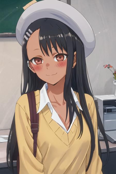 best quality, masterpiece, highres, solo, {nagatoro_hayase_donttoywithmemissnagatoro:1.15}, black_hair, long_hair, dark-skinned_female, dark_skin, brown_eyes, hairclip, hair_ornament, blush, bangs, smile, 1girl, closed_mouth, collared_shirt, earclip, looking_at_viewer, school_uniform, shirt, sweater, white_shirt, yellow_sweater, asymmetrical_bangs, collarbone