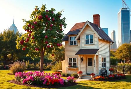 A whimsical little house with rounded corners, painted in creamy colors, featuring two stories, several windows, and a porch. In front of the house, there is a bench and a flowerbed filled with vibrant blooms, alongside a large apple tree. In the background, a modern city skyline is visible, all bathed in warm sunlight, creating a realistic and enchanting scene