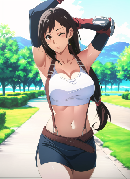 violet evergarden <lora:violet_evergarden_offset:1>, tifa lockhart, 1girl, thick lips, arm up, armpits, artist name, belt, black hair, breasts, brown eyes, cleavage, closed mouth, collarbone, cowboy shot, crop top, earrings, elbow gloves, elbow pads, gloves, jewelry, large breasts, lips, long hair, low-tied long hair, midriff, navel, one eye closed, outdoors, skirt, smile, solo, stomach, suspenders, tank top, upper body, ((masterpiece)) <lora:tifa_lockhart_offset:0.8>