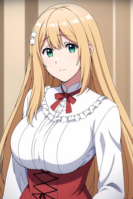 Simple White Background,
red and white dress,red ribbon, frills,long sleeves,
<lora:Charlotte_Evans_Disgraced-KK77-V1:0.7>,hair ornament, 
bangs, blonde hair,long hair, Green Eyes,
<lora:Oda_Non_Style-KK77-V2:0.3>,<lora:more_details:0.1>,
1 girl, 20yo,Young female,Beautiful Finger,Beautiful long legs,Beautiful body,
Beautiful Nose,Beautiful character design, perfect eyes, perfect face,expressive eyes,perfect balance,
looking at viewer,(Focus on her face),closed mouth, (innocent_big_eyes:1.0),(Light_Smile:0.3),
official art,extremely detailed CG unity 8k wallpaper, perfect lighting,Colorful, Bright_Front_face_Lighting,White skin,
(masterpiece:1.0),(best_quality:1.0), ultra high res,4K,ultra-detailed,
photography, 8K, HDR, highres, absurdres:1.2, Kodak portra 400, film grain, blurry background, bokeh:1.2, lens flare, (vibrant_color:1.2),professional photograph,
(Beautiful,large_Breasts:1.4), (beautiful_face:1.5),(narrow_waist),