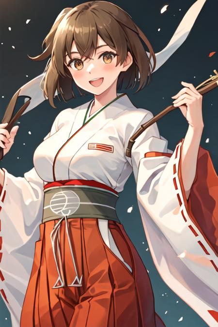 best quality, masterpiece, highres, solo, {white kimono:1.35}, {red hakama:1.35}, {wide sleeves:1.20}, {hiryuu_kantaicollection:1.15}, short_hair, brown_hair, brown_eyes, one_side_up, smile, breasts, blush, large_breasts, open_mouth