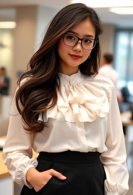 A realistic photograph of a cute 30 year female with dark brown hair wearing a ruffled white silk blouse with black silk skirt. She is wearing professional makeup, simple jewellery and glasses. She is posing in a professional workplace environment.