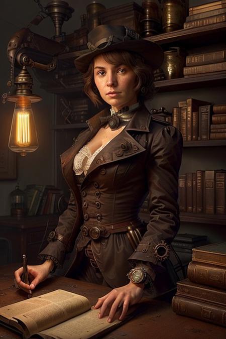 score_9, score_8_up, score_7_up Portrait of a young handsome steampunk detective sitting at a cluttered desk, focusing on his intense expression. He has a serious look, and wears a dark Victorian coat. The lighting is warm from a single flickering oil lamp on the desk, casting shadows across his face. The background is blurred, with only hints of gears and bookshelves. The scene is richly detailed in sepia tones, creating a mysterious, close-up, waist-up composition
