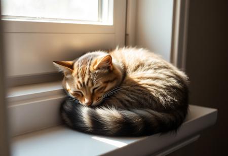 Nature photography, tranquil tabby cat curled on a sunlit windowsill, soft diffused window light highlighting fluffy fur and gentle contours, subtle shadows and warm ambiance, cat dozing peacefully, tight framing, slightly overhead angle, cozy indoor setting, mood peaceful and comforting, soft diffused daylight with creamy highlights, warm beige and muted blue tones, Fujifilm X-T4, in the style of Annie Leibovitz