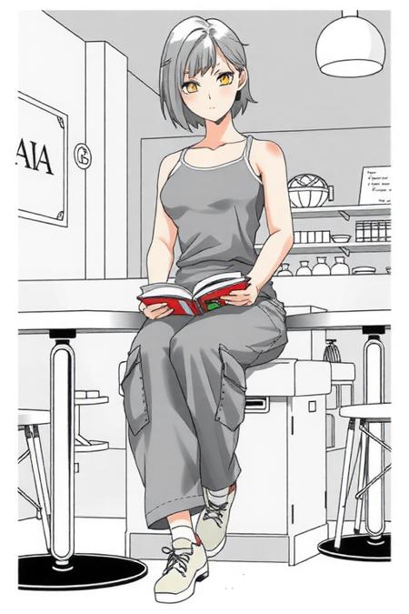 ultra high quality, very detailed, masterpiece, illustration of a girl (wearing a tank top and oversized cargo pants), sitting in a cafe, reading a book, cozy vibe