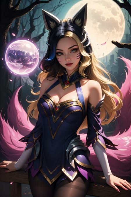 (masterpiece, best quality:1.2), coven ahri, 1girl, dress, detached sleeves, cleavage, multicolored hair, blonde hair, black hair, animal ears, pantyhose, whisker markings, multiple tails, energy ball, upper body