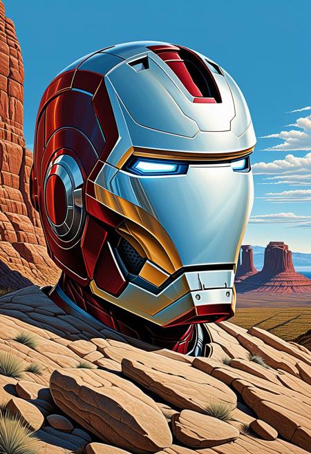 Modern Surrealism, A rock formation resembles an IronMan's helmet, Drawn By Josh Needleman-Carlton, Brett Breeding, highly detailed, Reversed angle