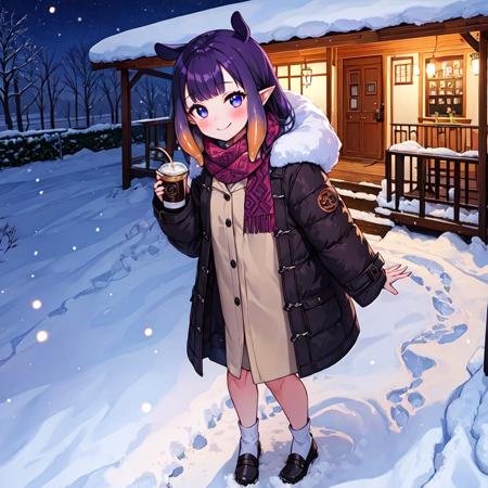 masterpiece, 1girl, best quality, ninomae ina'nis, long hair, dark purple hair, pointy ears, tentacle hair, outdoors, winter coat, long scarf, solo focus, standing, smile, blush, full body, holding, food, (canned coffee), looking at viewer, night, snow, facing viewer,