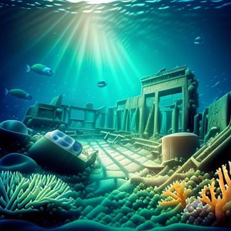 ((((hiperrealistic)))), ((((high quality)))), ((((underwater)))), ocean monument, (((ruined underwater city))), fishes, ((fish bank)), ((coral reef)), ((glowing beneath the waves)), UnSea