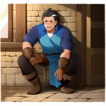 Olberic  1boy man  slicked back hair streaks hair with streaks blue clothes gloves holding sword