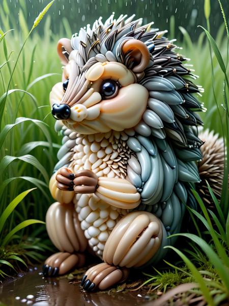 balloonz, balloons, made out of balloons, hedgehog, sitting hedgehog,, rainy day, in high grass, diffuse light <lora:balloonz-sdxl:1>