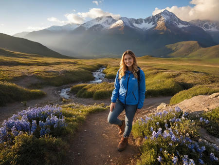 Riley, (22 years old:1.6), 1girl, brown eyes, Asian / British, skinny, wavy hair, medium hair, parted hair, blonde hair, joyful, awe-struck, hiking boots, slim-fit jeans, blue t-shirt, lightweight windbreaker tied at waist,, solo, standing close to the mountain peak, foreground lush with vibrant wildflowers—especially blue flowers—scattered butterflies and bees, golden sunrise casting warm light, dramatic snow-capped mountains, morning mist drifting in valleys, peaceful and wondrous atmosphere, raw, realistic, photo \(medium\), more detailed, ExpressiveH, perfection style <lora:add-detail-xl:1> more detailed <lora:expressive:1> ExpressiveH <lora:hands_sdxl:1> perfection style <lora:boring:-1>