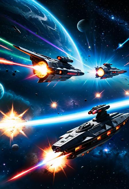 an epic galactic war , starships firing lasers, starry amazing background,
