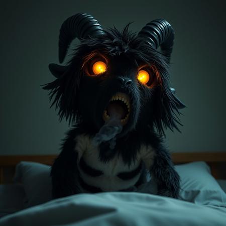 photorealistic pov from below image of a demonic satyr/goatman plushie with black shaggy fur, black horns, glowing golden yellow eyes that are looking down upon you. An eerie mist is coming from its mouth. It is standing above you as you lazily open your eyes from slumber, you try to scream but are unable to do so as the demonic plushie consumes your soul.