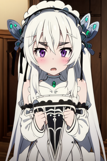 anime perfect detailed style, best quality, ultra perfect detailed, perfect anatomy, chaika trabant (hitsugi no chaika), white-silvered hair, purple eyes, black eyebrows, black and white dress, black and white hair ornament with small silver butterflies on sides