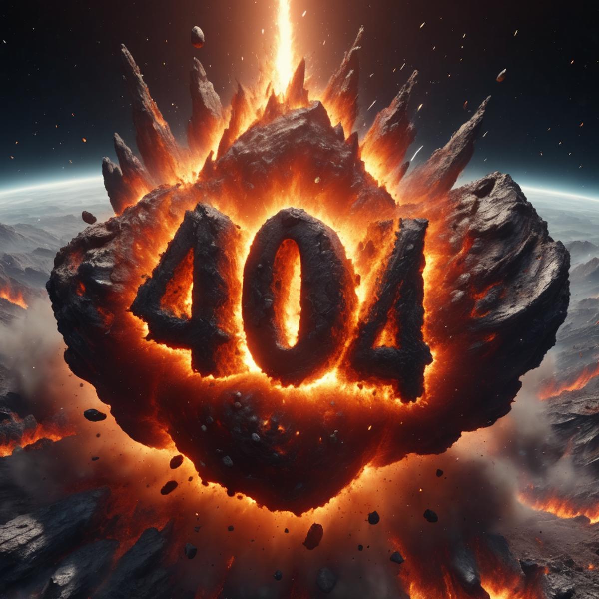 A large rock with the number 404 on it, surrounded by fire.
