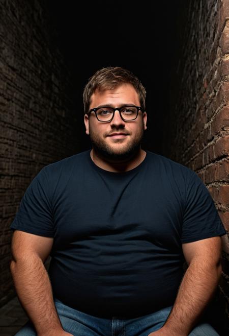 ((cinematic hazey atmosphere, romantic movie, romance film, arthouse film)), ((dark, night nighttime, dark background, shadows)), Tanned chubby 30 year old German man, wearing a black t-shirt and blue jeans, light brown messy hair, glasses, stubble, doublechin, broad face, blue green eyes, big fat arms, big neck, big belly, (nerd, programmer, coder), gentle smile, (sitting on a bench in dark cellar at night),