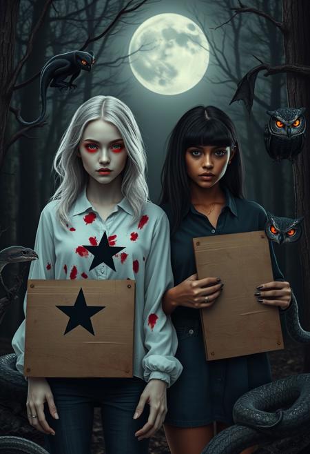 In a moonlit forest clearing, two young women in their early twenties stand in eerie contrast. One girl, with silver-white hair and a ghostly pale complexion, wears a white blouse stained with dark red splotches. A simple black five-pointed star adorns her chest, and her eyes glow with a faint but unsettling crimson light, adding an otherworldly calm to her presence.
The second girl contrasts sharply: she has jet-black hair and deep tan skin, her dark blouse also blood-stained but blending with the shadows. Her black star is barely visible, and her intense crimson eyes shine with a piercing alertness.
Encircling them are twelve wild animals, enhancing the surreal atmosphere. A black panther, almost invisible in the darkness, watches with glowing red eyes. Two owls, perched on shadowy branches, blink their crimson eyes slowly. A large snake, with shimmering blue-black scales, coils around a gnarled branch, its gaze menacing.
Both girls hold worn cardboard signs that read, ‘We Come in Peace,’ scrawled in crude black marker. The signs, stark against the night, create a jarring contrast. Moonlight casts long, shifting shadows on the forest floor, amplifying the haunting and surreal quality of the scene