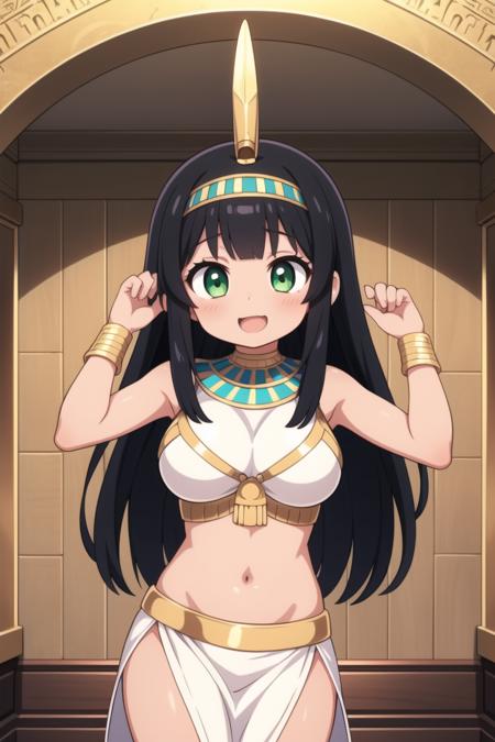 masterpiece, best quality, ultra detailed, anime style, 1girl, young, cute, (tanned skin), egyptian girl, egyptian outfit, medium long hair, black hair, green eyes, medium large breasts, egyptian tomb, indoor, large room, illustrated walls, warm colors, beautiful face, happy