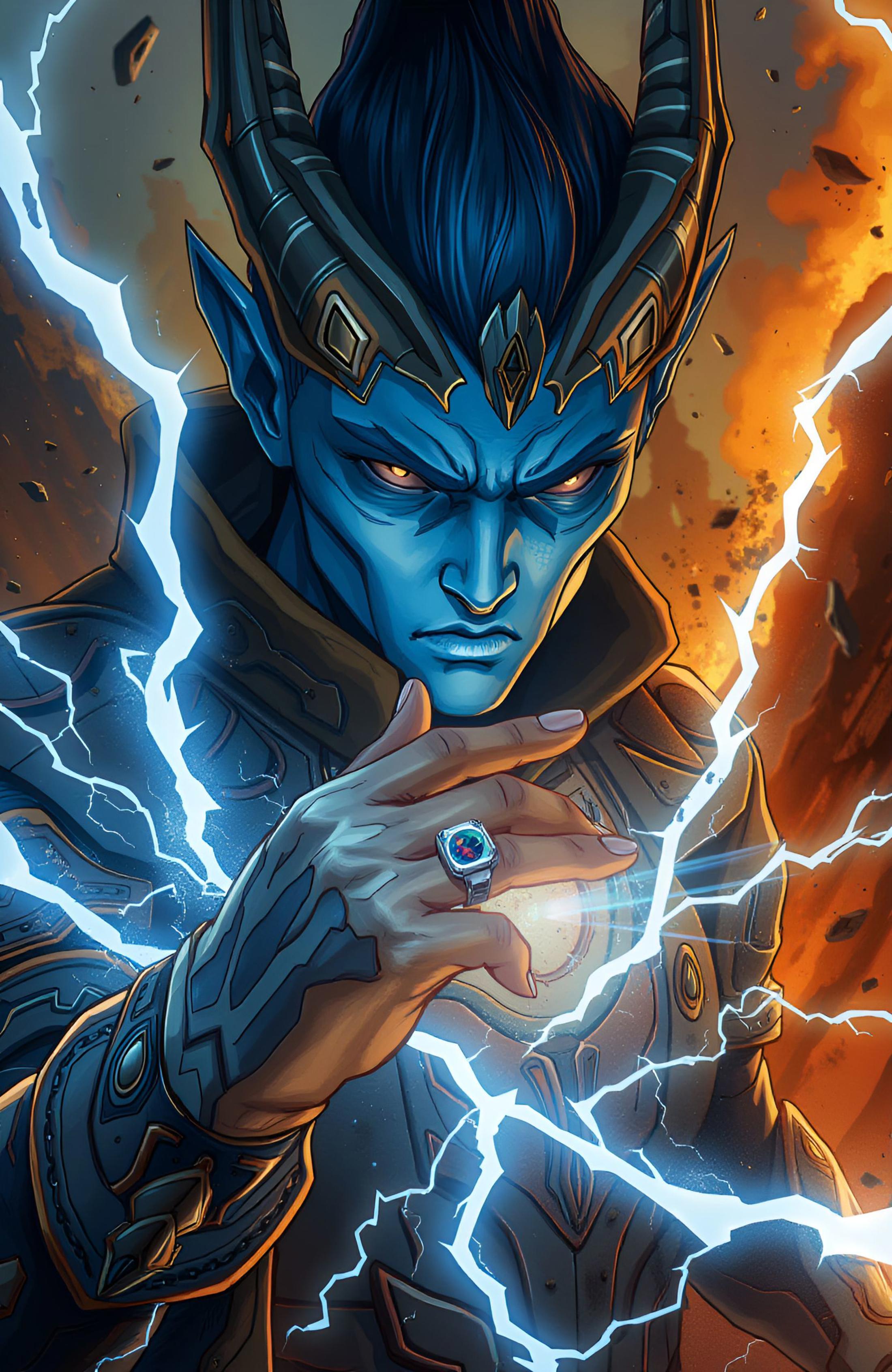 Hard-Edge Painting Style, Anime Style, Split Tone Portrait, Lost Civilization Setting, blue and grenn tone,male yuuzhan vong, bioware implant expert, ring, perfect hands, dynamic pose, dynamic angle, detailed background,,barren,healthy,conflagration,hidden,responsive,cutting-edge,stormy,lamenting,kafkaesque,white solid electricity,progressive,
